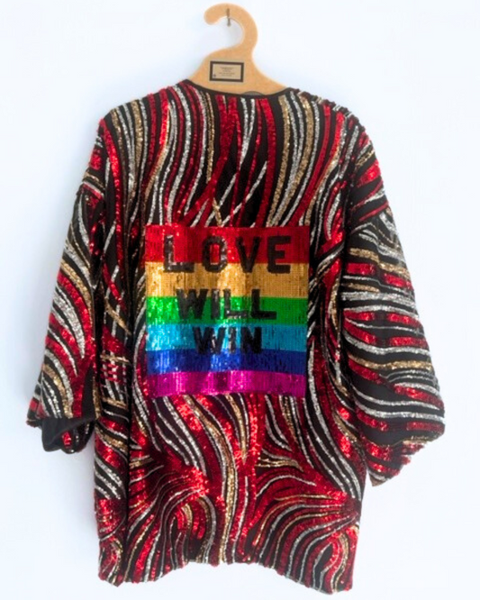 FLAME Red and Gold Sequin Kimono with LOVE WILL WIN back panel