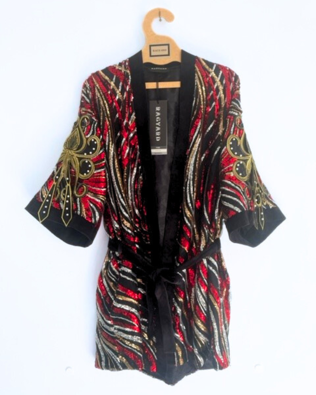 FLAME Red and Gold Sequin Squid sleeve Applique Kimono Robe