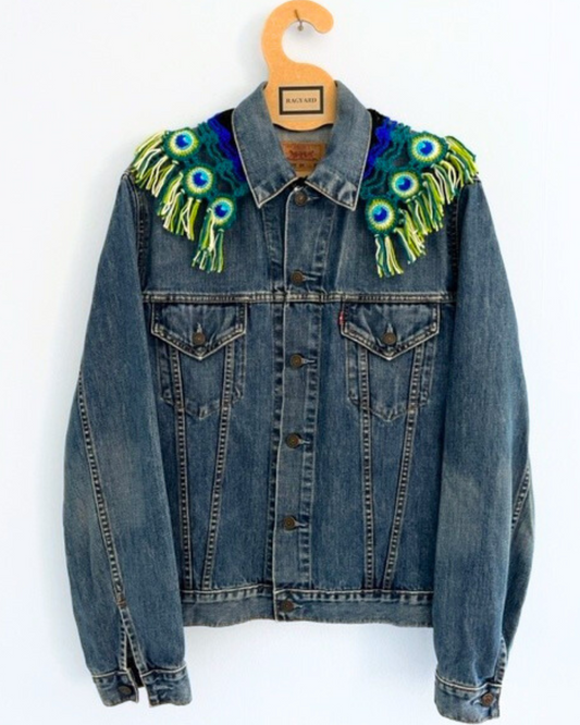 Vintage LEVI slim fit denim jacket with detachable macrame peacock collar