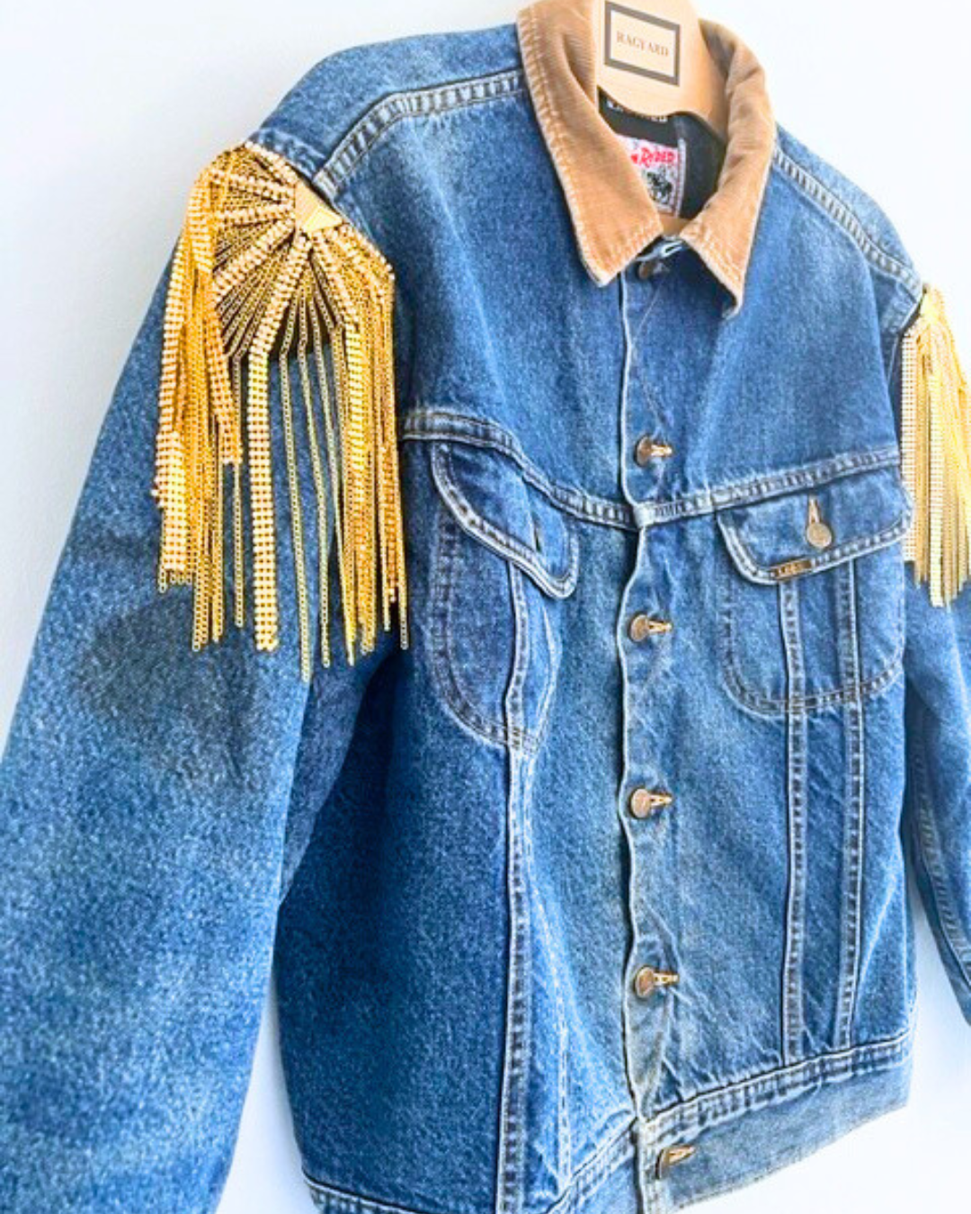 Vintage LEE STORMRIDER Mid wash denim jacket with gold chain shoulder embellishment