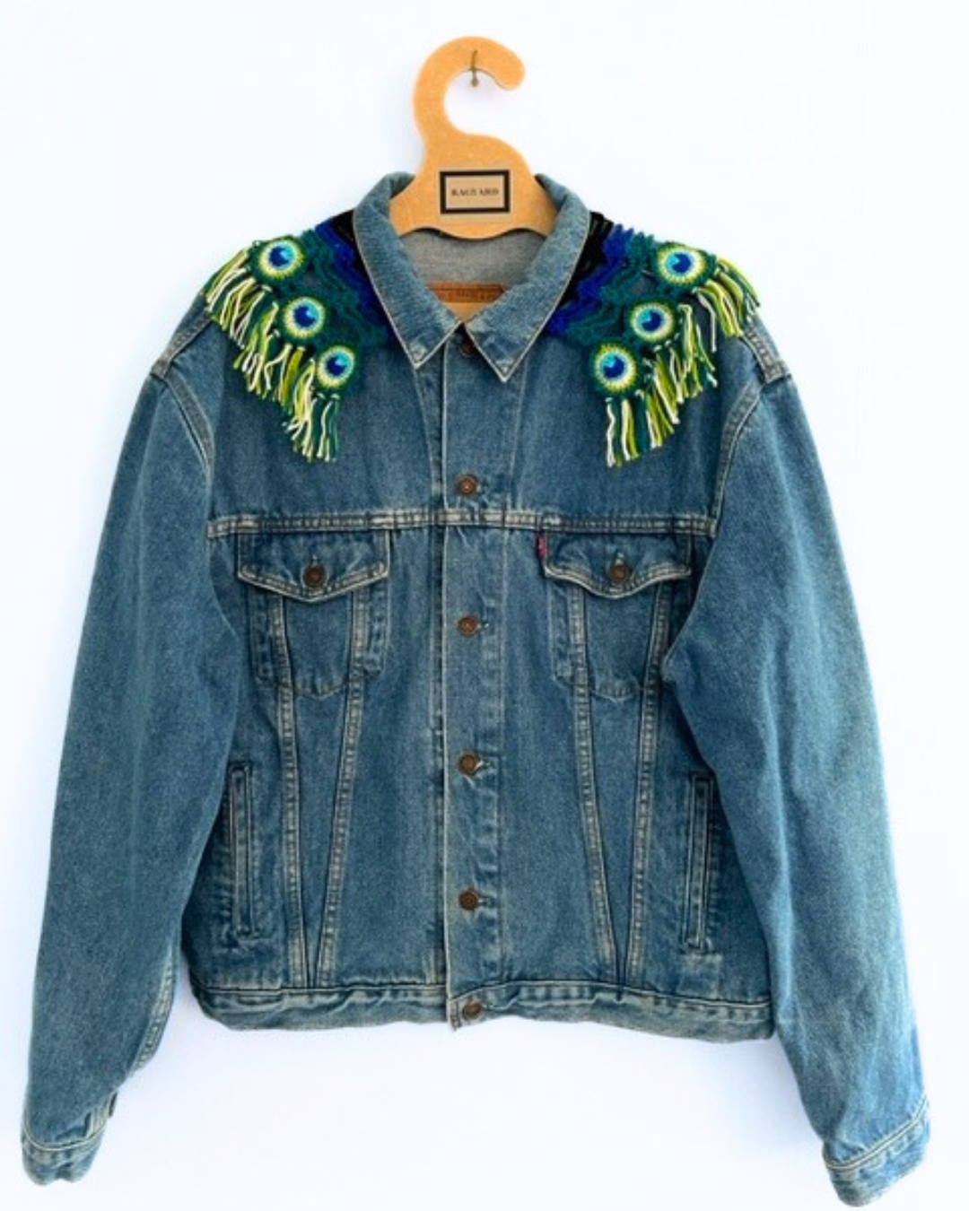 Vintage LEVI 70's blue denim jacket with detachable macrame peacock collar