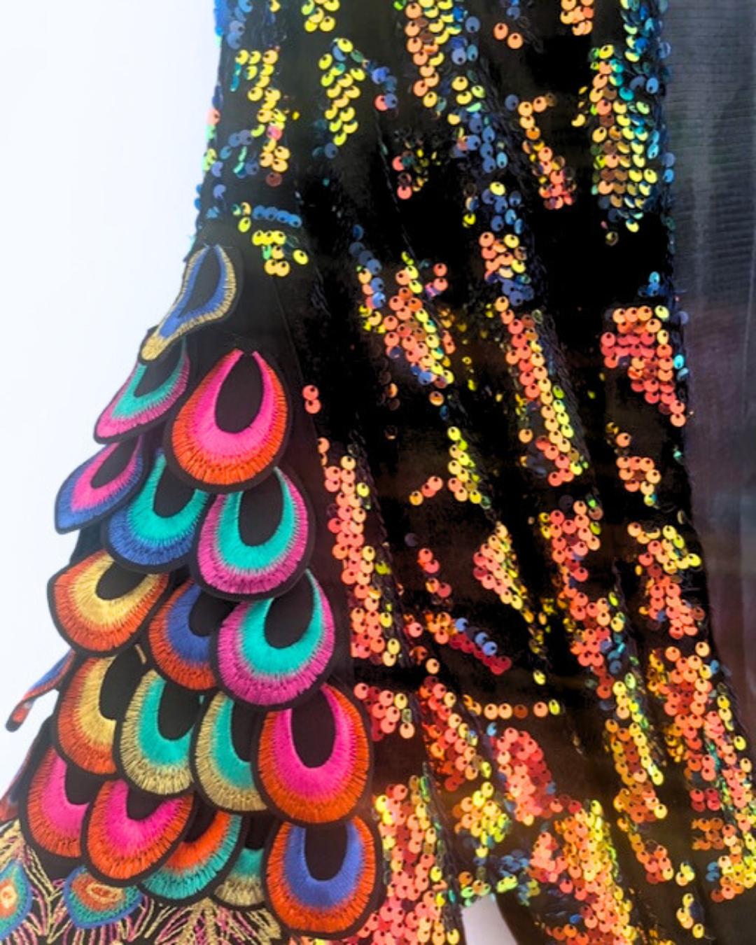 Iridescent Velvet Sequin Kimono Robe with Psychedelic Peacock Sleeve embellishment