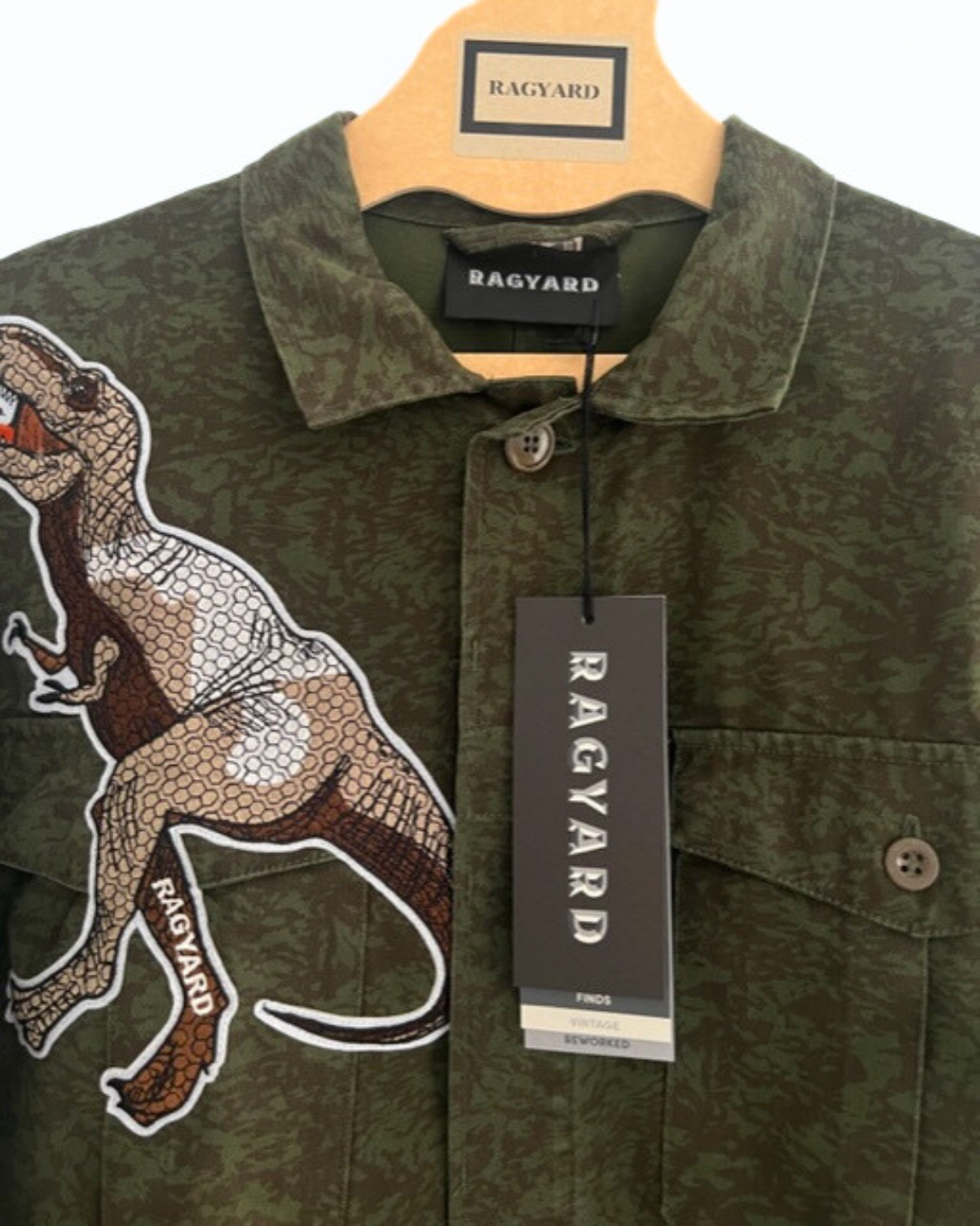 VINTAGE Camo T-Rex Dinosaur Patch jacket