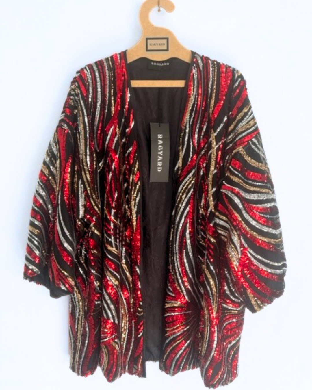 FLAME Red and Gold Sequin Kimono with LOVE WILL WIN back panel