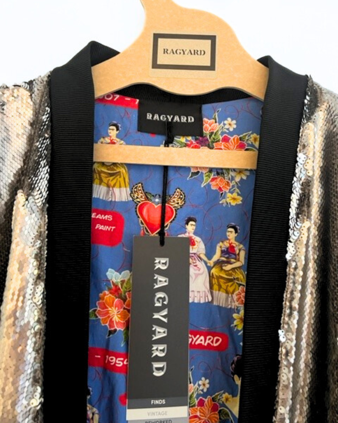 Heavy Silver Flip Sequin Kimono with Psychedelic Peacock sleeves and Frida Kahlo bespoke printed lining