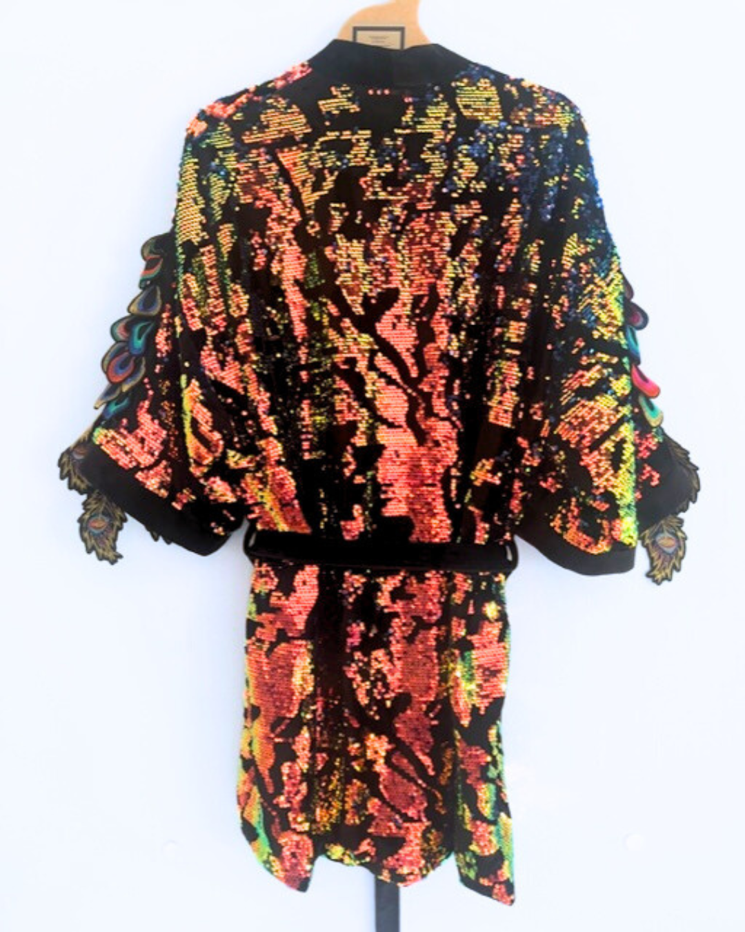 Iridescent Velvet Sequin Kimono Robe with Psychedelic Peacock Sleeve embellishment