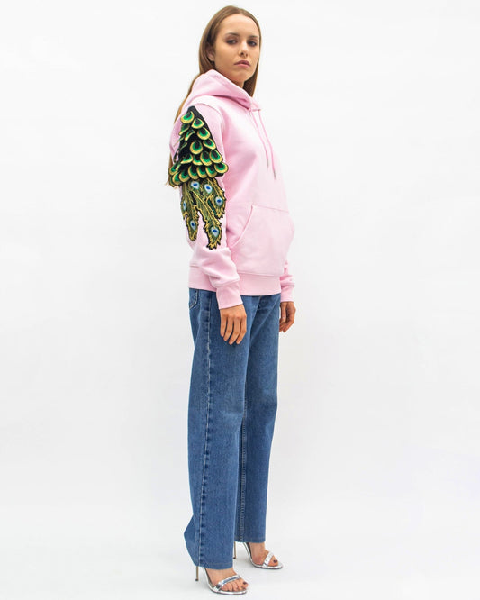 Evergreen - Cotton Pink Peacock Patch Hoodie
