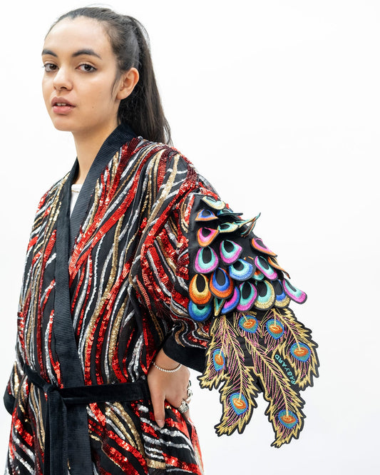 Red Stripe Sequin Robe With Psychedelic Peacock Sleeve