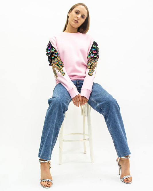 Evergreen - Cotton Pink Psychedelic Peacock Patch Sweatshirt