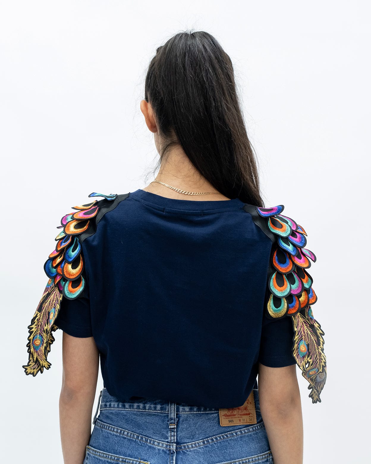 Evergreen - French Navy Psychedelic Peacock Patch T-Shirt