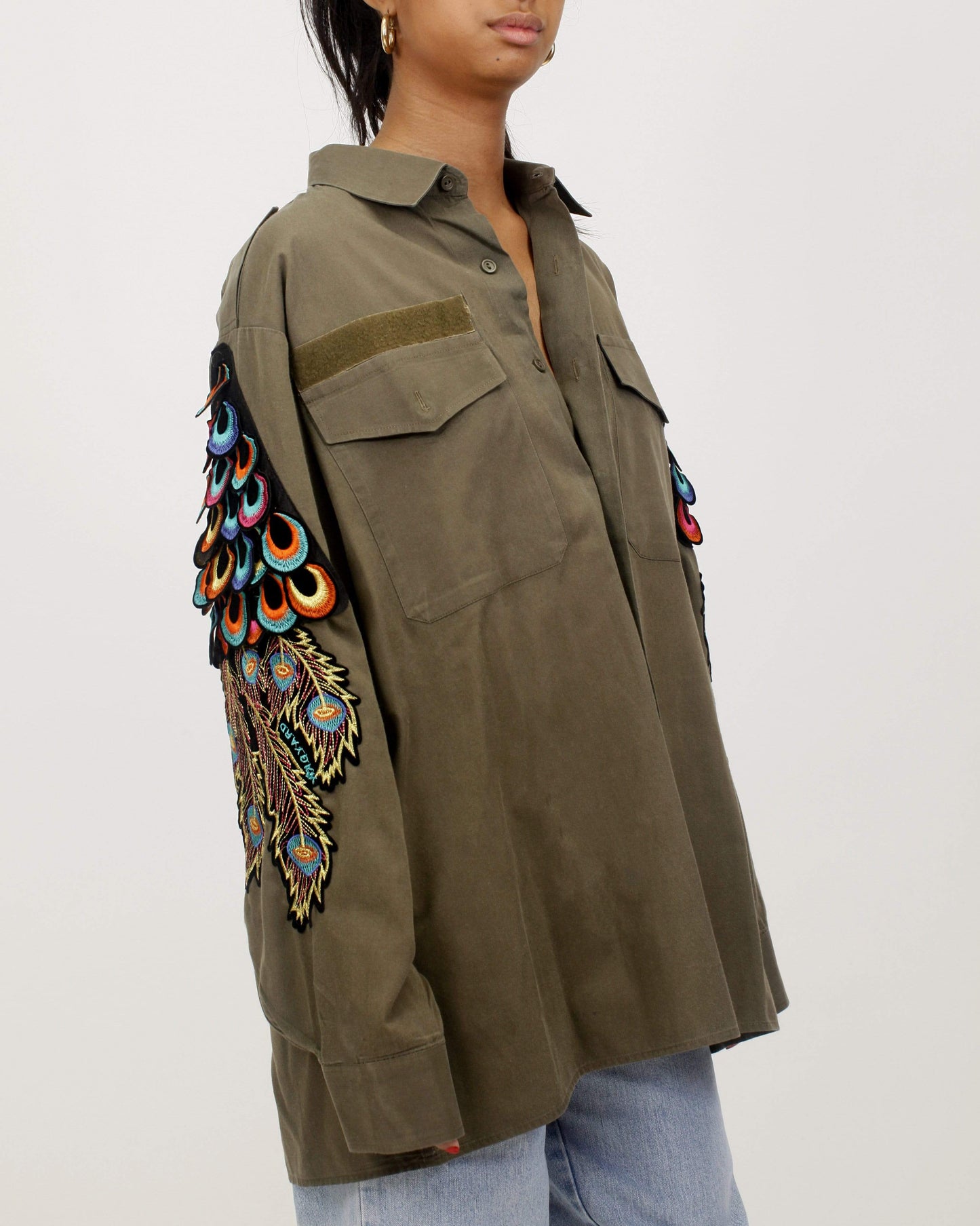 Evergreen - Khaki Psychedelic Peacock Patch Military Shirt